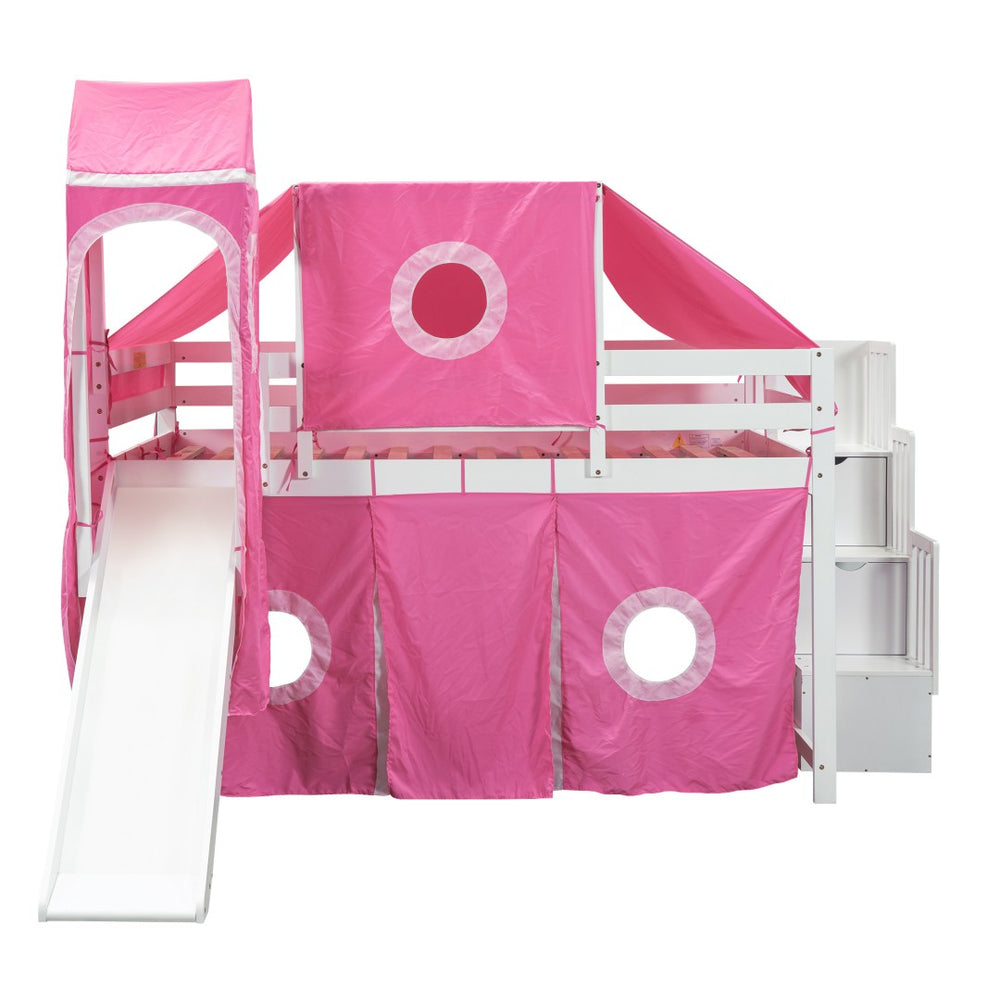 HomeRoots Pink Canopy Solid Wood Loft Bed with Fun Slide, Stairs, and Shelves - Perfect for Kids’ Rooms! 606570