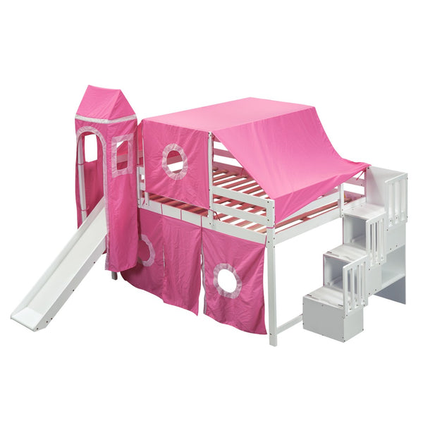 HomeRoots Pink Canopy Solid Wood Loft Bed with Fun Slide, Stairs, and Shelves - Perfect for Kids’ Rooms! 606570