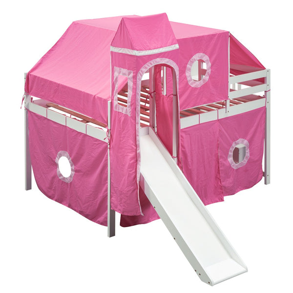HomeRoots Pink Canopy Solid Wood Loft Bed with Fun Slide, Stairs, and Shelves - Perfect for Kids’ Rooms! 606570
