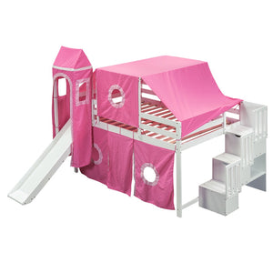 HomeRoots Pink Canopy Solid Wood Loft Bed with Fun Slide, Stairs, and Shelves - Perfect for Kids’ Rooms! 606570