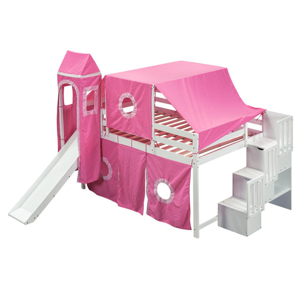 HomeRoots Pink Canopy Solid Wood Loft Bed with Fun Slide, Stairs, and Shelves - Perfect for Kids’ Rooms! 606570
