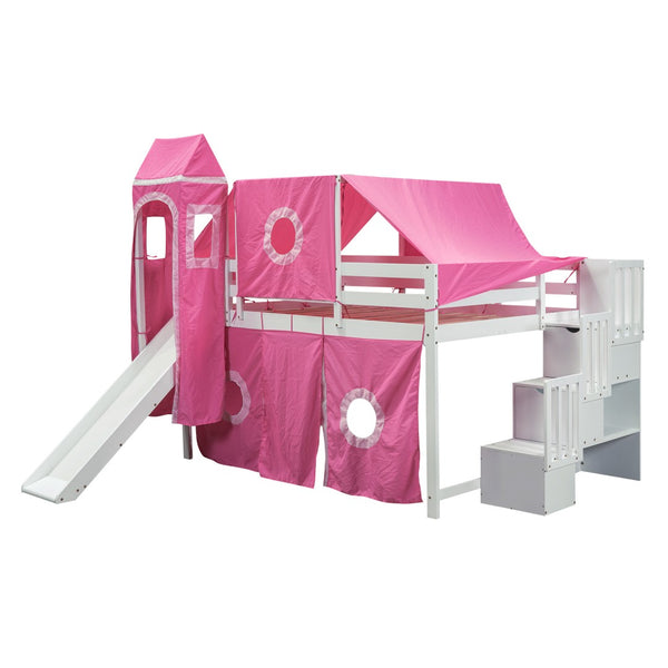 HomeRoots Pink Canopy Solid Wood Loft Bed with Fun Slide, Stairs, and Shelves - Perfect for Kids’ Rooms! 606570