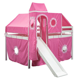 HomeRoots Pink Canopy Solid Wood Loft Bed with Fun Slide, Stairs, and Shelves - Perfect for Kids’ Rooms! 606570