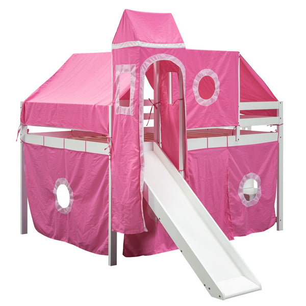 HomeRoots Pink Canopy Solid Wood Loft Bed with Fun Slide, Stairs, and Shelves - Perfect for Kids’ Rooms! 606570