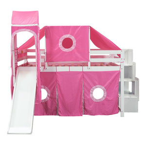 HomeRoots Pink Canopy Solid Wood Loft Bed with Fun Slide, Stairs, and Shelves - Perfect for Kids’ Rooms! 606570