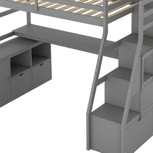 HomeRoots Gray Twin Loft Bed with Integrated Desk, Shelves, and Stairs – Stylish Solid Wood Space Saver! 606571