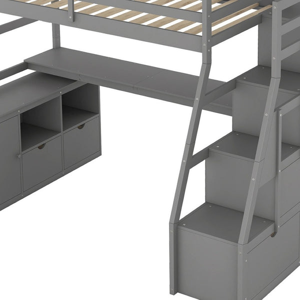 HomeRoots Gray Twin Loft Bed with Integrated Desk, Shelves, and Stairs – Stylish Solid Wood Space Saver! 606571
