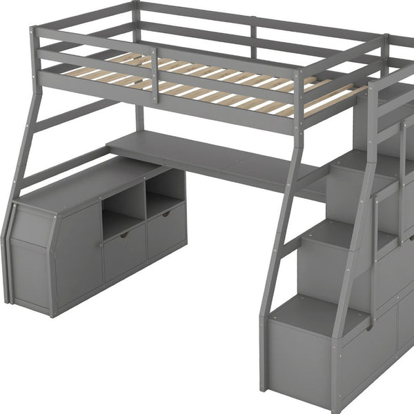 HomeRoots Gray Twin Loft Bed with Integrated Desk, Shelves, and Stairs – Stylish Solid Wood Space Saver! 606571