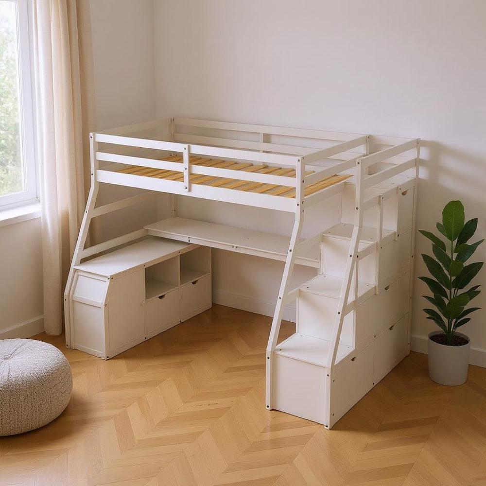 HomeRoots White Slat Twin Loft Bed with Stairs, Desk & Drawers - Stylish Space-Saving Solution for Kids 606572