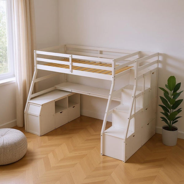 HomeRoots White Slat Twin Loft Bed with Stairs, Desk & Drawers - Stylish Space-Saving Solution for Kids 606572