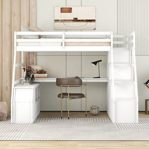 HomeRoots White Slat Twin Loft Bed with Stairs, Desk & Drawers - Stylish Space-Saving Solution for Kids 606572