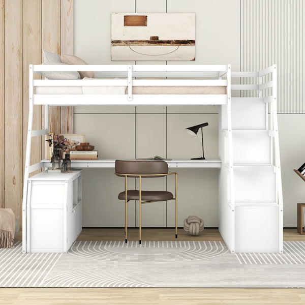 HomeRoots White Slat Twin Loft Bed with Stairs, Desk & Drawers - Stylish Space-Saving Solution for Kids 606572
