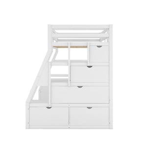 HomeRoots White Slat Twin Loft Bed with Stairs, Desk & Drawers - Stylish Space-Saving Solution for Kids 606572