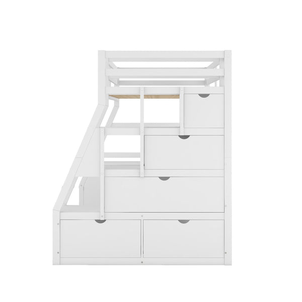 HomeRoots White Slat Twin Loft Bed with Stairs, Desk & Drawers - Stylish Space-Saving Solution for Kids 606572