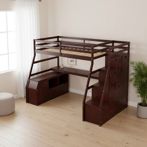 HomeRoots Espresso Twin Loft Bed with Desk, Stairs & Shelves - Space-Saving Solid Wood Design for Small Rooms 606573