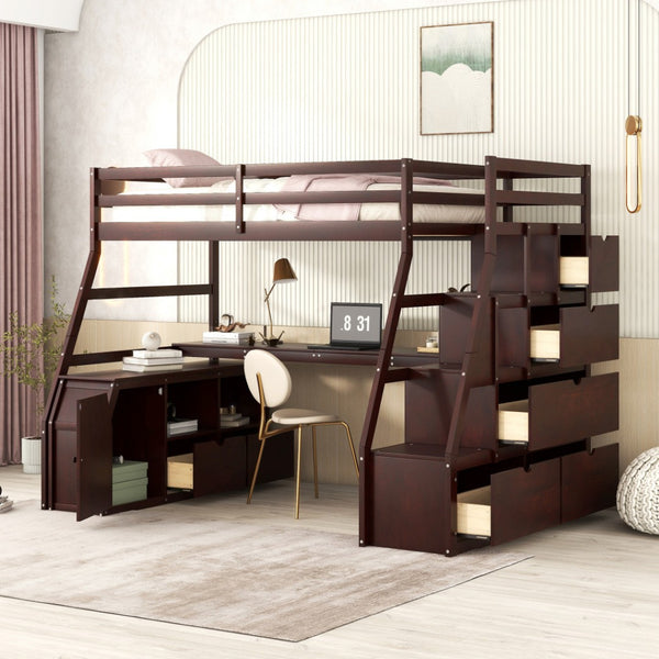 HomeRoots Espresso Twin Loft Bed with Desk, Stairs & Shelves - Space-Saving Solid Wood Design for Small Rooms 606573