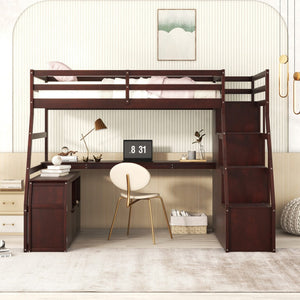 HomeRoots Espresso Twin Loft Bed with Desk, Stairs & Shelves - Space-Saving Solid Wood Design for Small Rooms 606573