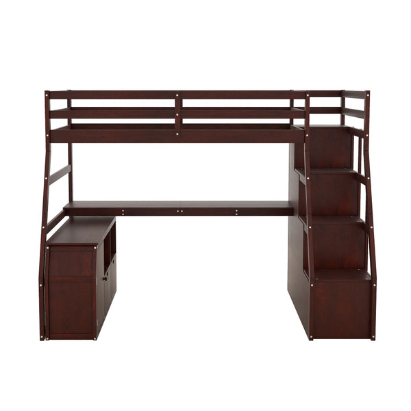HomeRoots Espresso Twin Loft Bed with Desk, Stairs & Shelves - Space-Saving Solid Wood Design for Small Rooms 606573