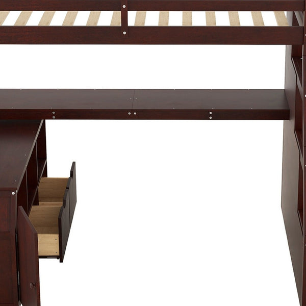 HomeRoots Espresso Twin Loft Bed with Desk, Stairs & Shelves - Space-Saving Solid Wood Design for Small Rooms 606573