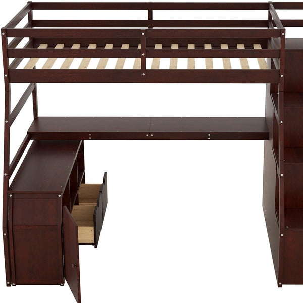 HomeRoots Espresso Twin Loft Bed with Desk, Stairs & Shelves - Space-Saving Solid Wood Design for Small Rooms 606573