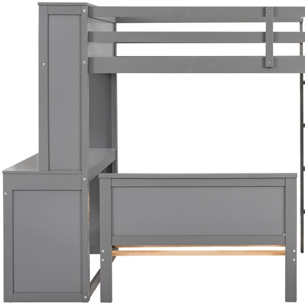 HomeRoots Gray Twin Loft Bed with Integrated Desk, Shelves & Storage Drawers - Stylish Space-Saving Solution 606574