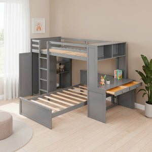 HomeRoots Gray Twin Loft Bed with Integrated Desk, Shelves & Storage Drawers - Stylish Space-Saving Solution 606574