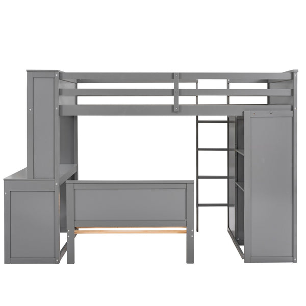 HomeRoots Gray Twin Loft Bed with Integrated Desk, Shelves & Storage Drawers - Stylish Space-Saving Solution 606574