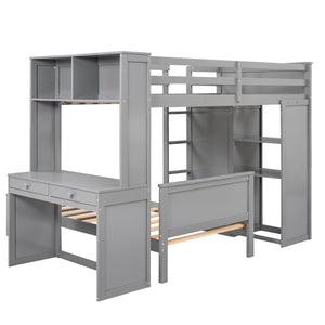 HomeRoots Gray Twin Loft Bed with Integrated Desk, Shelves & Storage Drawers - Stylish Space-Saving Solution 606574