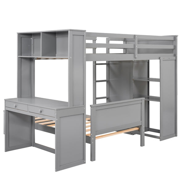 HomeRoots Gray Twin Loft Bed with Integrated Desk, Shelves & Storage Drawers - Stylish Space-Saving Solution 606574