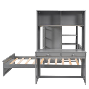 HomeRoots Gray Twin Loft Bed with Integrated Desk, Shelves & Storage Drawers - Stylish Space-Saving Solution 606574