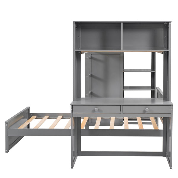 HomeRoots Gray Twin Loft Bed with Integrated Desk, Shelves & Storage Drawers - Stylish Space-Saving Solution 606574