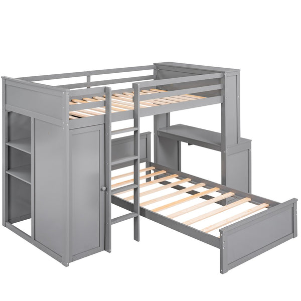 HomeRoots Gray Twin Loft Bed with Integrated Desk, Shelves & Storage Drawers - Stylish Space-Saving Solution 606574