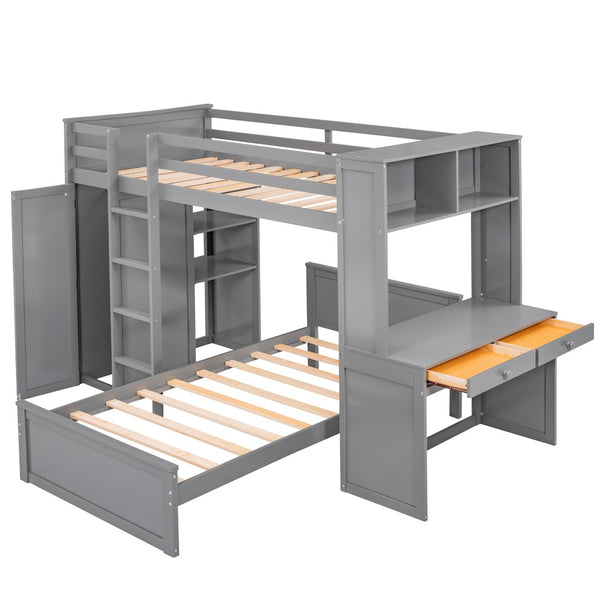 HomeRoots Gray Twin Loft Bed with Integrated Desk, Shelves & Storage Drawers - Stylish Space-Saving Solution 606574