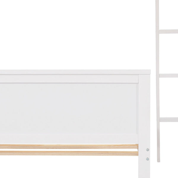HomeRoots White Twin Loft Bed with Integrated Desk & Shelves - Space-Saving Solid Wood Design for Kids' Rooms 606575