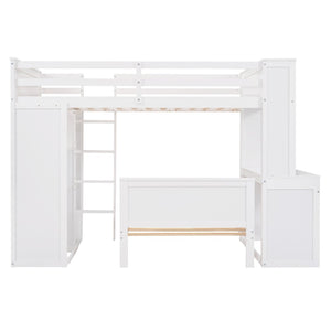HomeRoots White Twin Loft Bed with Integrated Desk & Shelves - Space-Saving Solid Wood Design for Kids' Rooms 606575