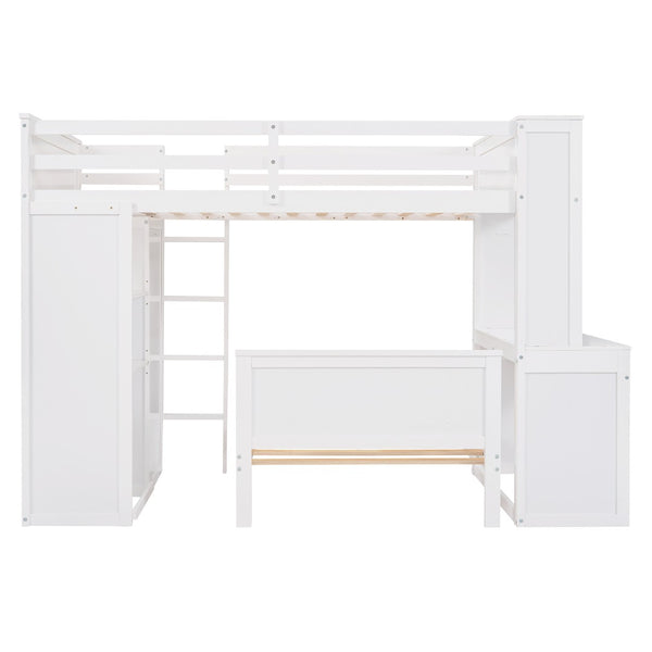 HomeRoots White Twin Loft Bed with Integrated Desk & Shelves - Space-Saving Solid Wood Design for Kids' Rooms 606575