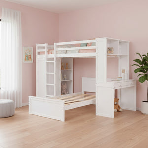 HomeRoots White Twin Loft Bed with Integrated Desk & Shelves - Space-Saving Solid Wood Design for Kids' Rooms 606575