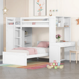 HomeRoots White Twin Loft Bed with Integrated Desk & Shelves - Space-Saving Solid Wood Design for Kids' Rooms 606575