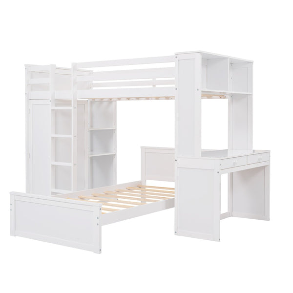 HomeRoots White Twin Loft Bed with Integrated Desk & Shelves - Space-Saving Solid Wood Design for Kids' Rooms 606575