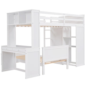 HomeRoots White Twin Loft Bed with Integrated Desk & Shelves - Space-Saving Solid Wood Design for Kids' Rooms 606575