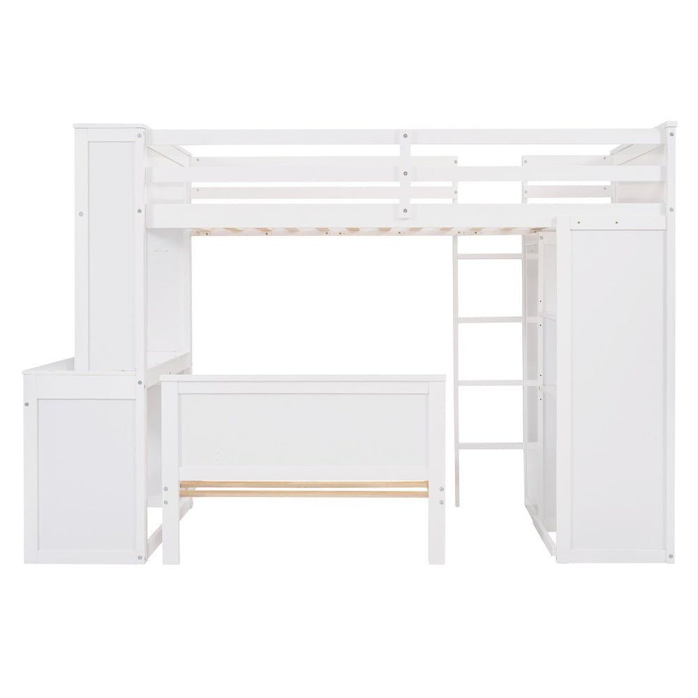 HomeRoots White Twin Loft Bed with Integrated Desk & Shelves - Space-Saving Solid Wood Design for Kids' Rooms 606575