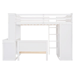 HomeRoots White Twin Loft Bed with Integrated Desk & Shelves - Space-Saving Solid Wood Design for Kids' Rooms 606575
