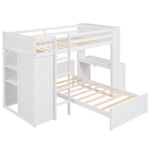HomeRoots White Twin Loft Bed with Integrated Desk & Shelves - Space-Saving Solid Wood Design for Kids' Rooms 606575