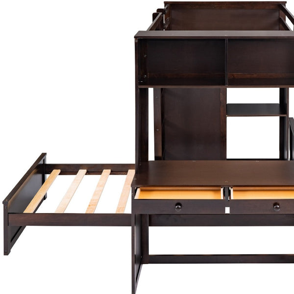 HomeRoots Espresso Solid Wood Twin Loft Bed with Integrated Desk, Shelves & Space-Saving Storage Solutions 606576