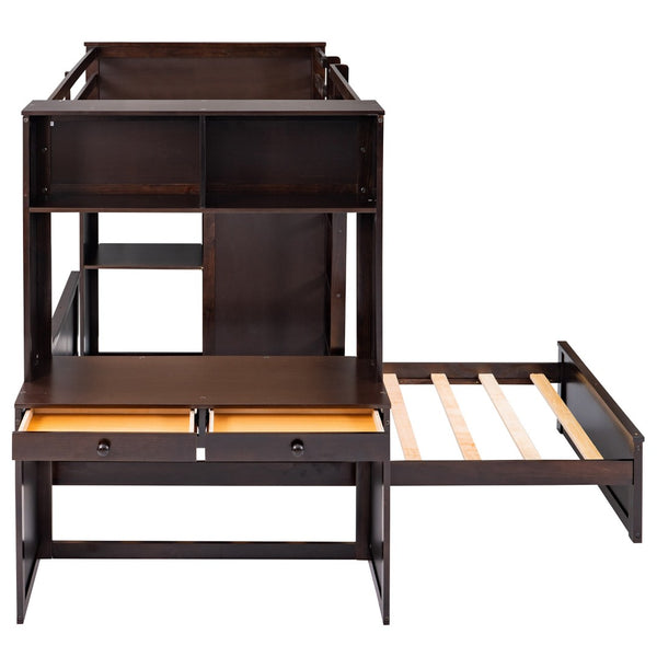 HomeRoots Espresso Solid Wood Twin Loft Bed with Integrated Desk, Shelves & Space-Saving Storage Solutions 606576