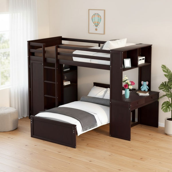 HomeRoots Espresso Solid Wood Twin Loft Bed with Integrated Desk, Shelves & Space-Saving Storage Solutions 606576
