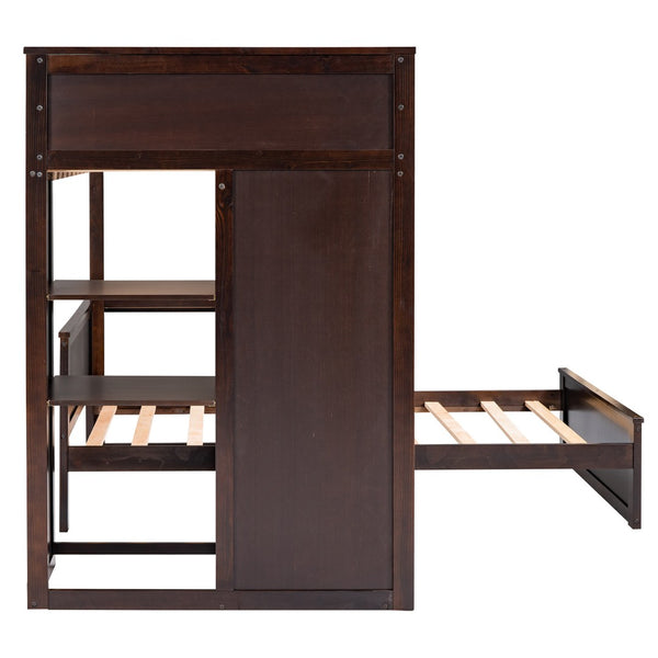 HomeRoots Espresso Solid Wood Twin Loft Bed with Integrated Desk, Shelves & Space-Saving Storage Solutions 606576