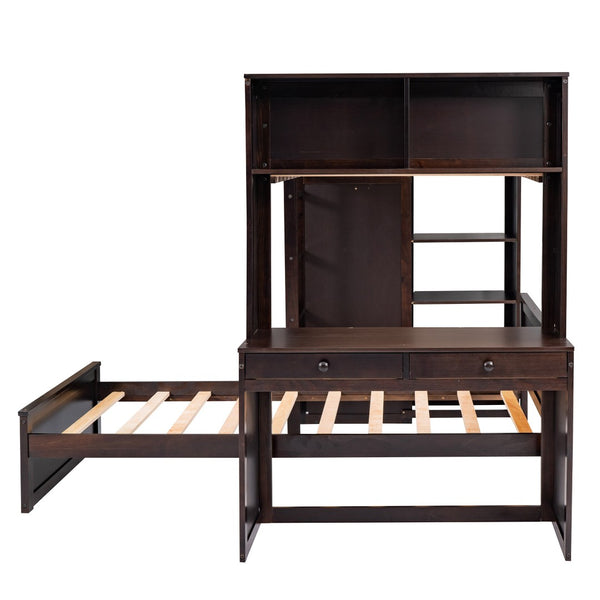 HomeRoots Espresso Solid Wood Twin Loft Bed with Integrated Desk, Shelves & Space-Saving Storage Solutions 606576