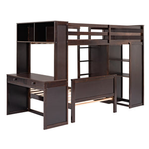 HomeRoots Espresso Solid Wood Twin Loft Bed with Integrated Desk, Shelves & Space-Saving Storage Solutions 606576