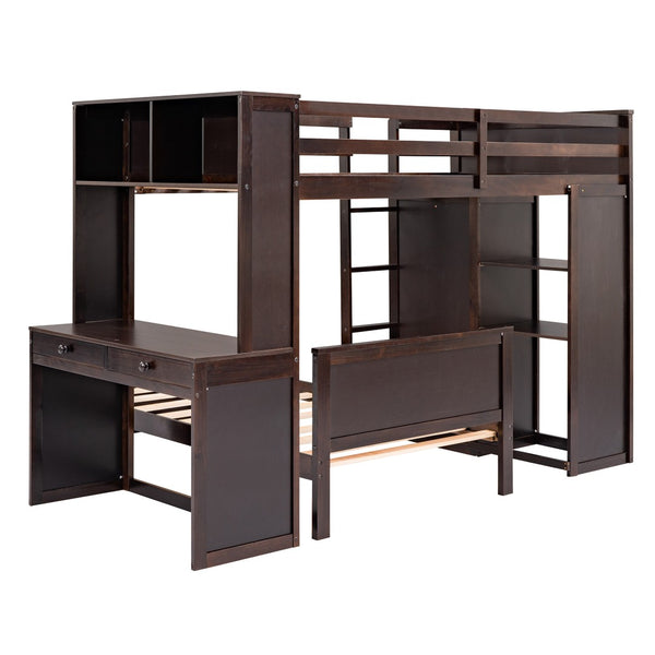 HomeRoots Espresso Solid Wood Twin Loft Bed with Integrated Desk, Shelves & Space-Saving Storage Solutions 606576